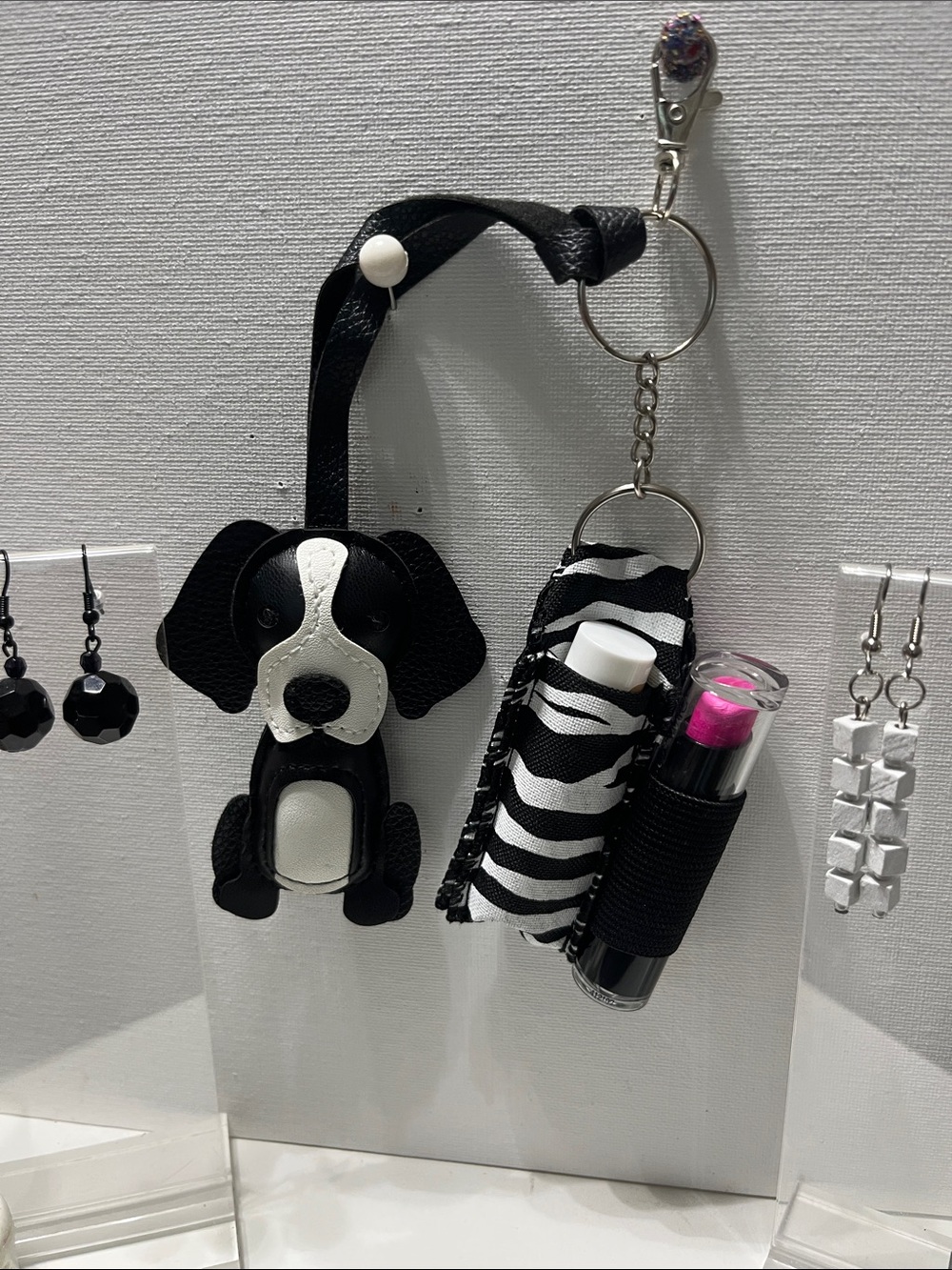 Gift Set Black White Dog Keychain Wristlet Dual Lipstick Balm Holder 2 Earrings